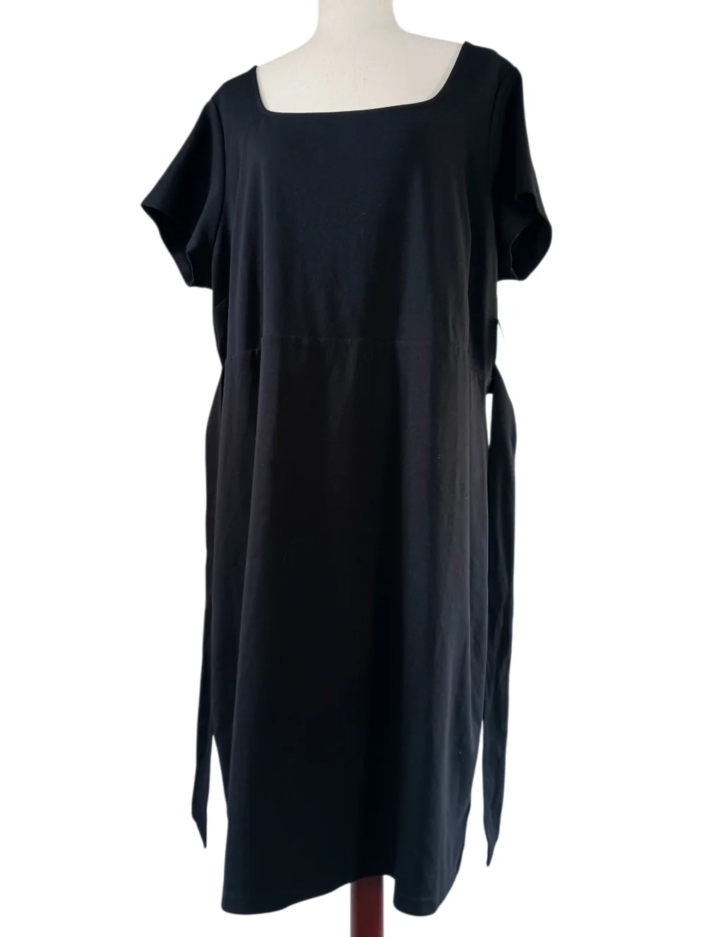 Cotton Dress Tie Waist Short Sleeve Square Neckline Stretch Black Size 2X NEW - Picture 4 of 13
